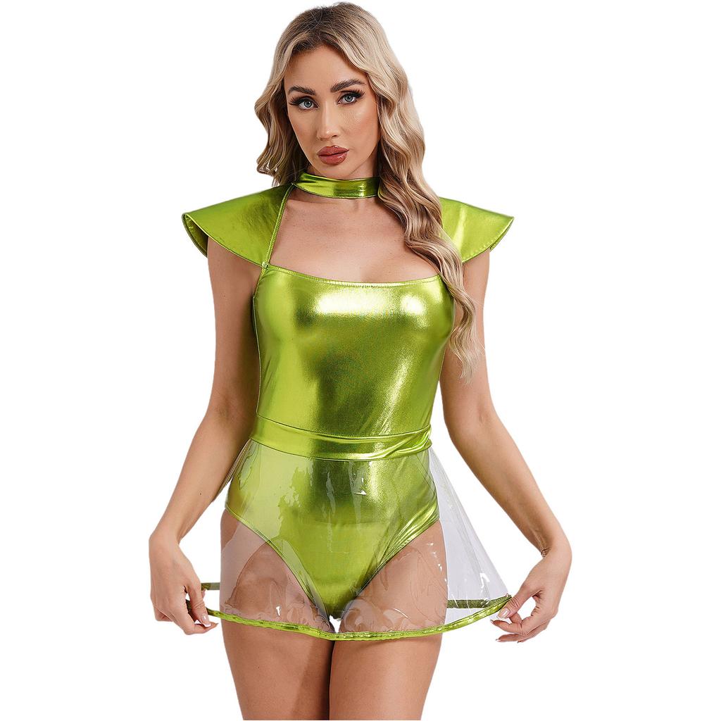 Женский костюм для косплея инопланетянки, боди с вырезами и рукавами-крылышками, низ - плавки, юбка из ПВХ, цельный боди, карнавальная одежда