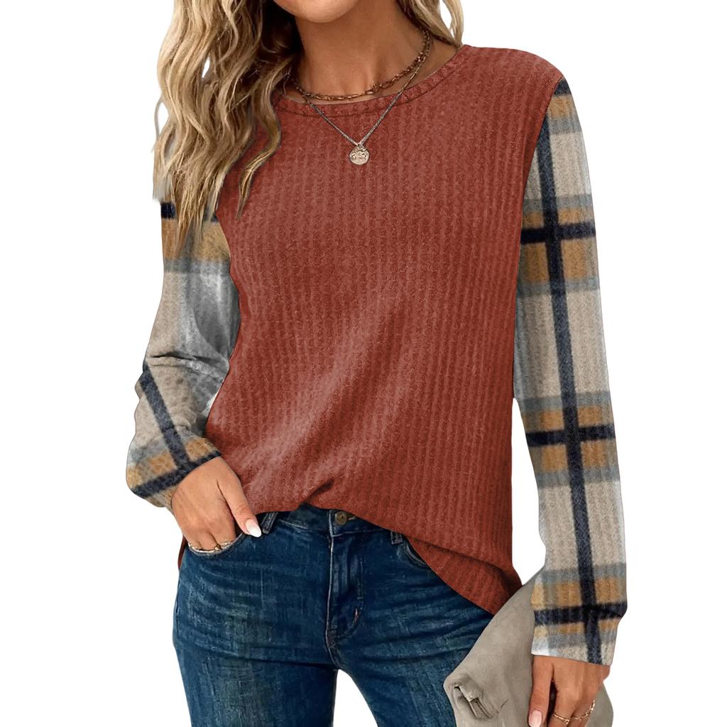 Женский повседневный топ свободного кроя с круглым вырезом и длинными рукавами в клетку