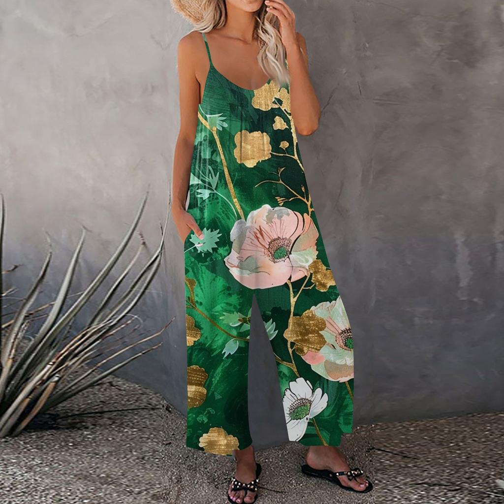 Женский комбинезон с цветочным принтом, повседневный свободный комбинезон с регулируемыми подтяжками
