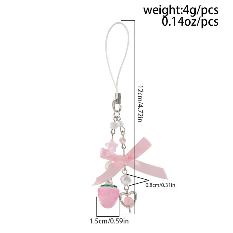 Fashion Sweet Y2K Girls Ribbon Bow Beaded Keychain Alloy Love Heart Star Rabbit Strawberry Pendant Pearls Glass Beads Chains Jewelry Accessories