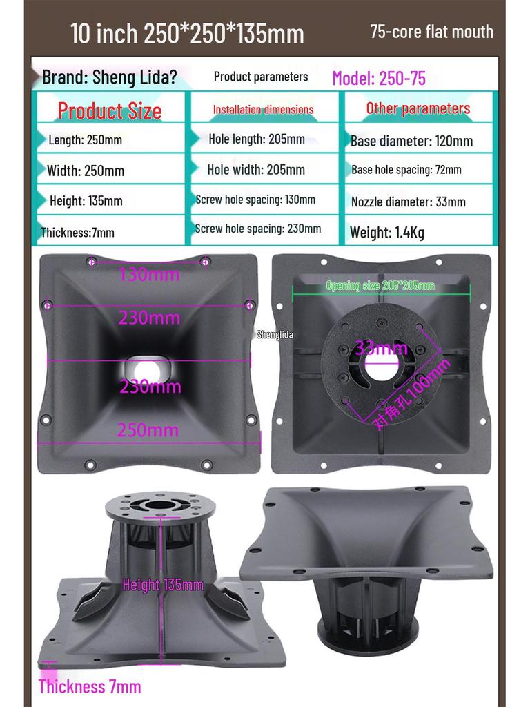 Recessed Edge Aluminum Speaker Horn, Audio RC 250x250mm, 100 Core, 50mm Throat