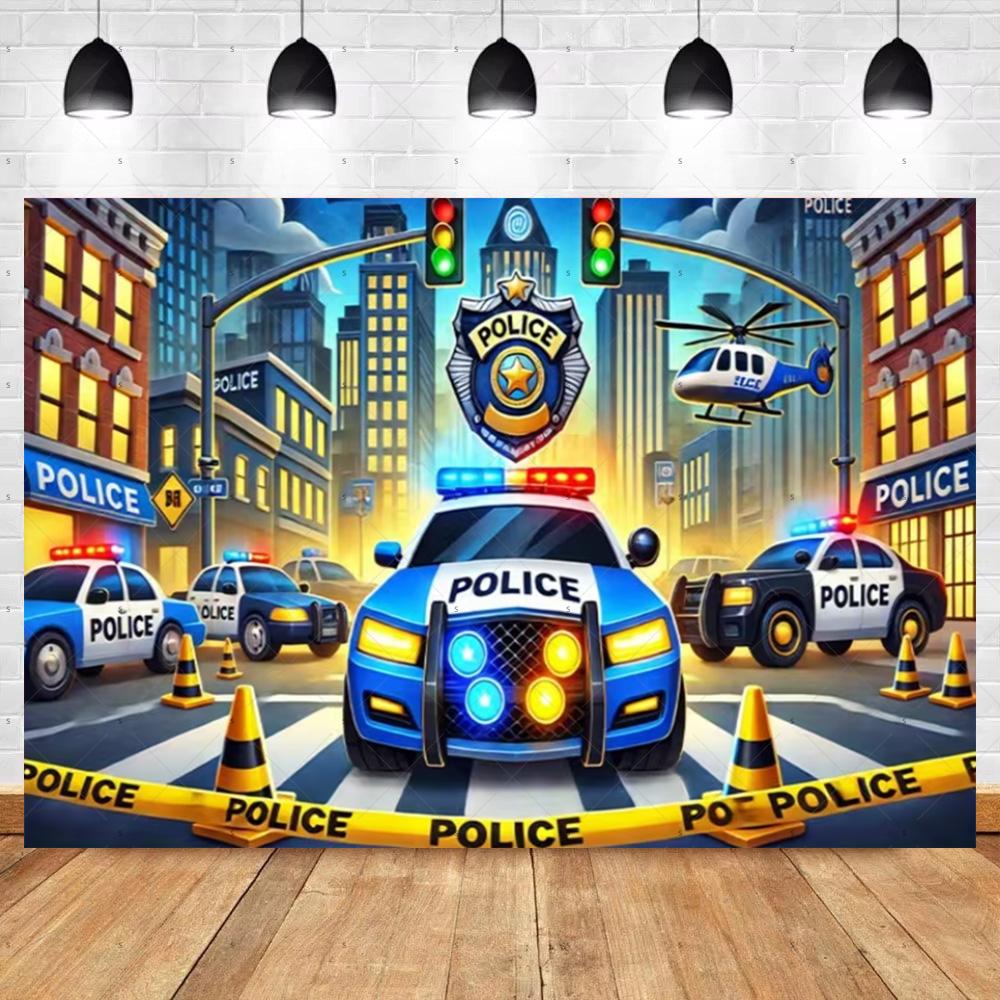 Cartoon Police Backdrop Police Station Car Background Banner Kid Birthday Party Decoration Baby Shower Supplies Photography Prop