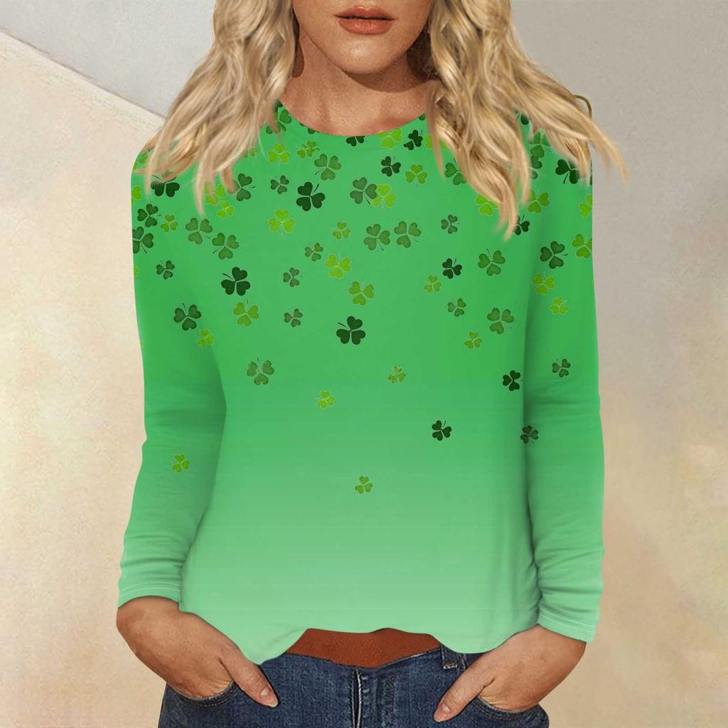 Женская повседневная повседневная рубашка с длинным рукавом. Топ с круглым вырезом и принтом ко Дню Святого Патрика