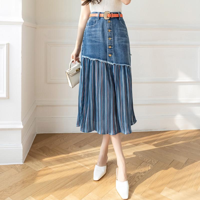 Design Sense Draped and Versatile Chiffon Pleated Stitched Denim Skirt In Spring, Thin and Irregular Medium Length A-line Skirt