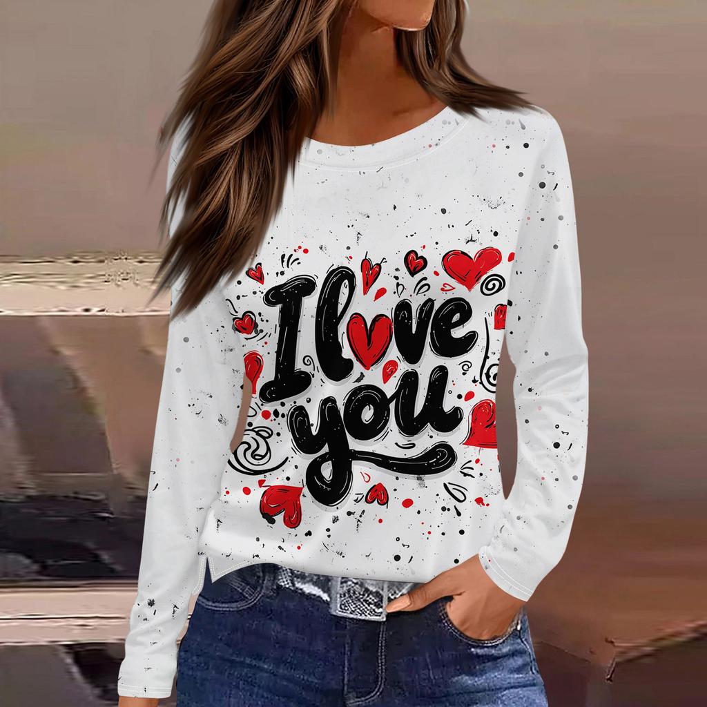 Women's Fashionable Long-Sleeved Round Neck Top with Slit Hem and Valentine's Day Heart Print