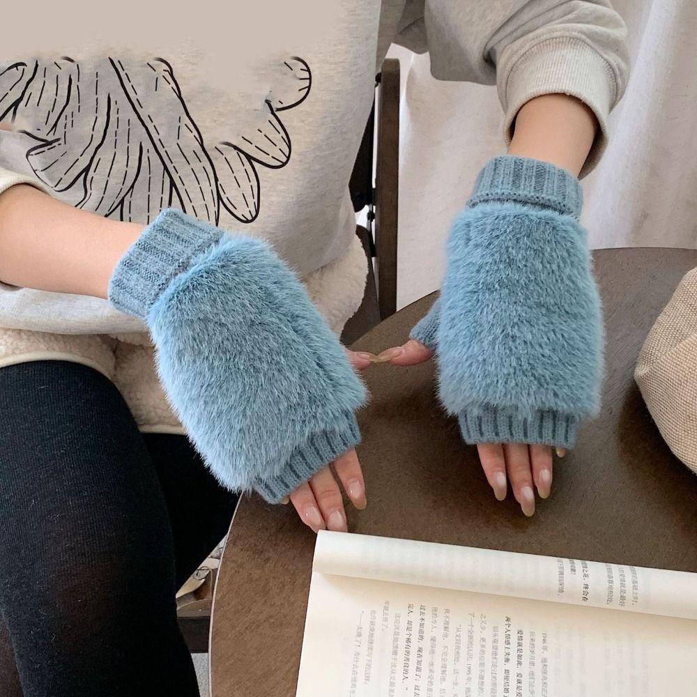 Warm Knitted Gloves Soft Plush Gloves Fashionable Half-Finger Gloves Women