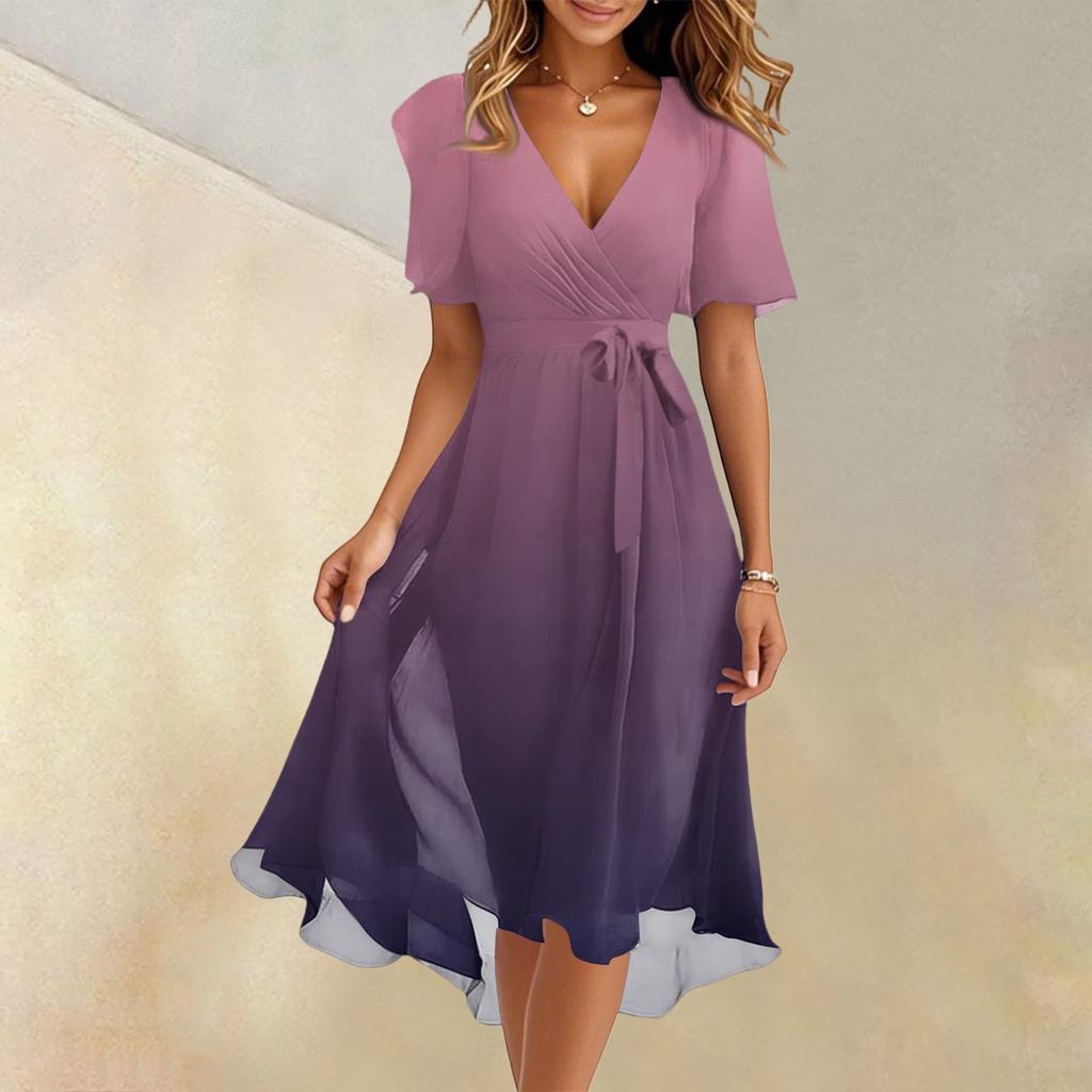 Women's Summer Fashion V-Neck Flared Dress Short Sleeve Gradient Dresses