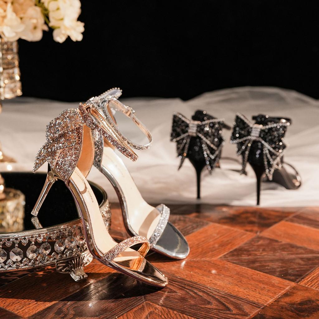 2308-1 Rhinestone Sandals 2024 New Bow Crystal Word with Banquet Socialite Stiletto High Heels Shoes