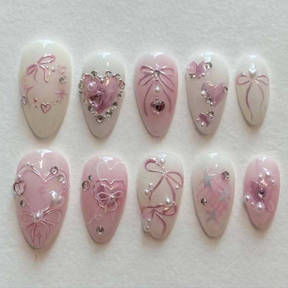 24Pcs Almond Press On Nails Ocean Blue French Tip With Flower Pearl Glitter Simple Wearable False Nail Art Manicure Set