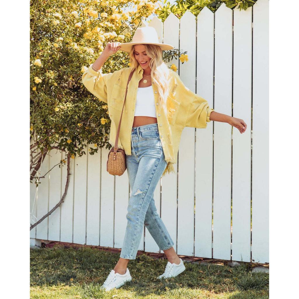 Lapel Long Sleeve Vintage Street Ripped Raw Edge Denim Jacket Women's