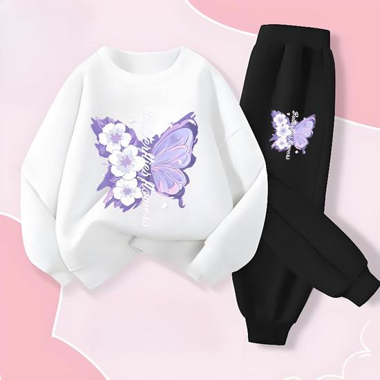 Spring Long Sleeved Top Long Pants Two Piece Sets for Girls Elegant Butterfly Printed Hoodies Suit Children's Outfits Tracksuit