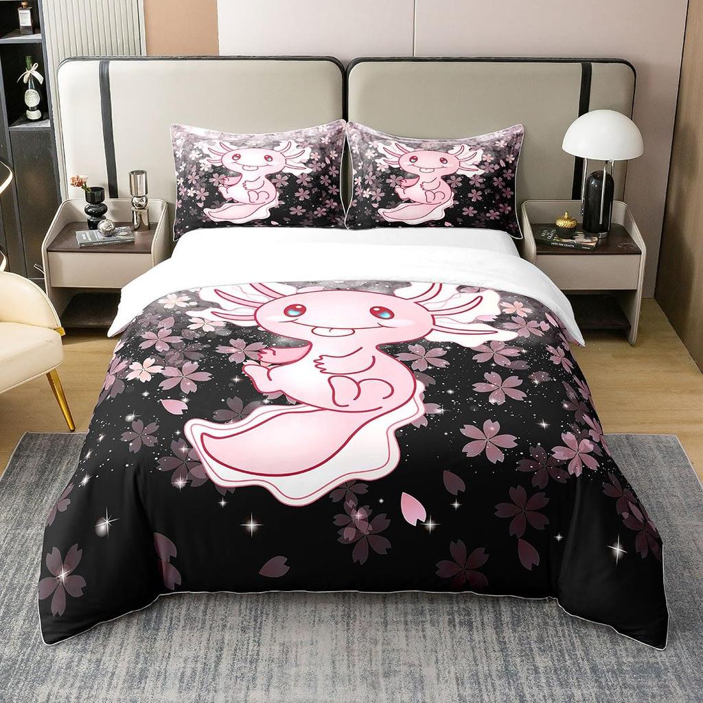 Cartoon Axolotl Bedding Set Twin Full Size Cute Ocean Animal Duvet Cover with 2 Pillow Sham Pink Comforter Cover Set Decorative