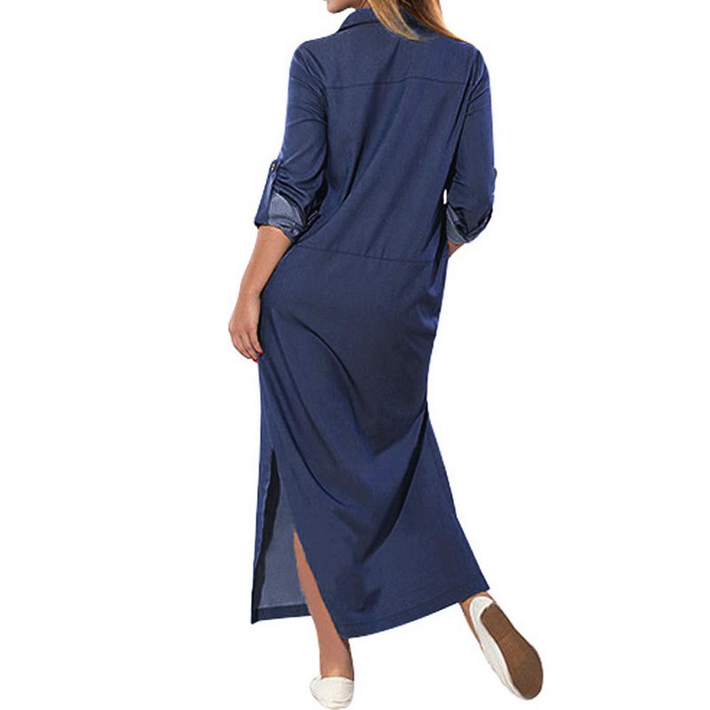 Женские свободные свободные футболки с карманами, джинсовые однотонные платья с длинными рукавами