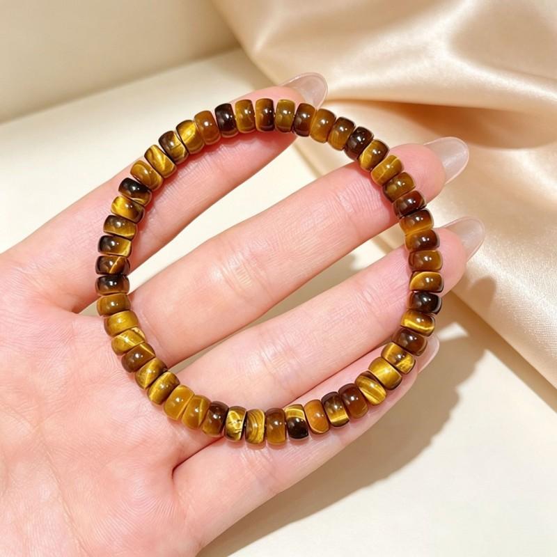 Womens Natural Yellow Tiger Eye Stone Beaded Bracelet Single Round Simple Vintage Jewelry