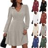 Women's Fashion Casual V-neck A- Line Fit Solid Color Long Sleeve Dress