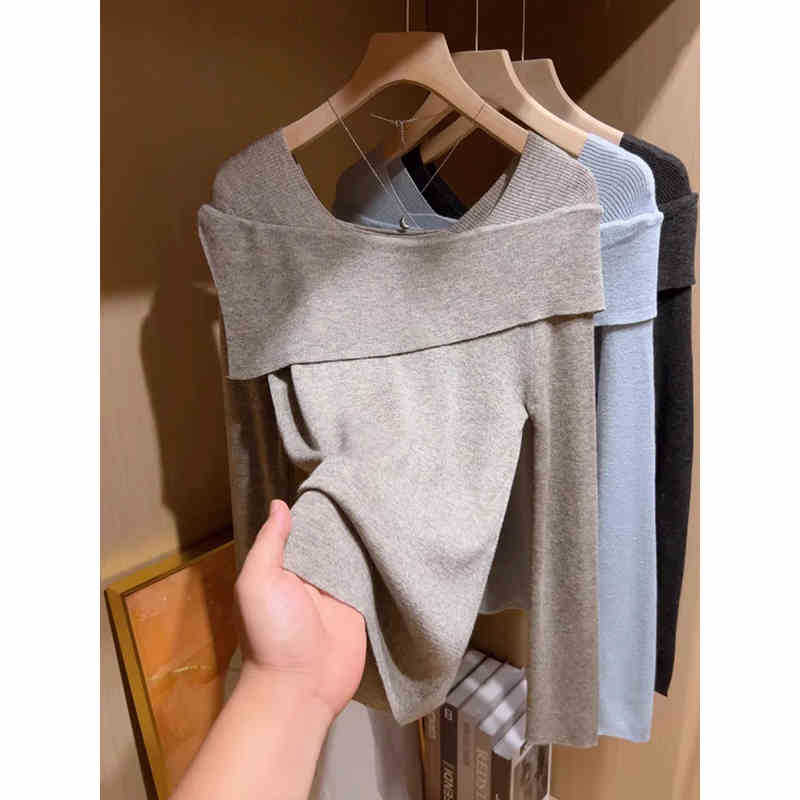 One-word Shoulder Long-sleeved Knitted Bottoming Shirt for Women's Early Autumn Inner Wear Atmosphere Sweater, Thin Waist Top