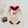 2024 Autumn Baby Girl Knitted Suit: Embroidered Top & Lace Pants Set