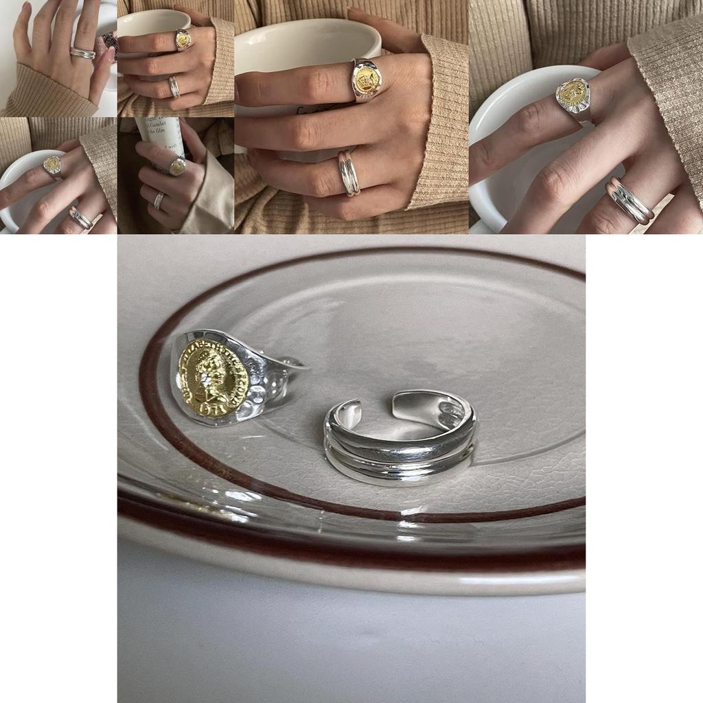 Stylish Adjustable Geometric Ring For Women Featuring Unique Coin Design And Two-tone Colors