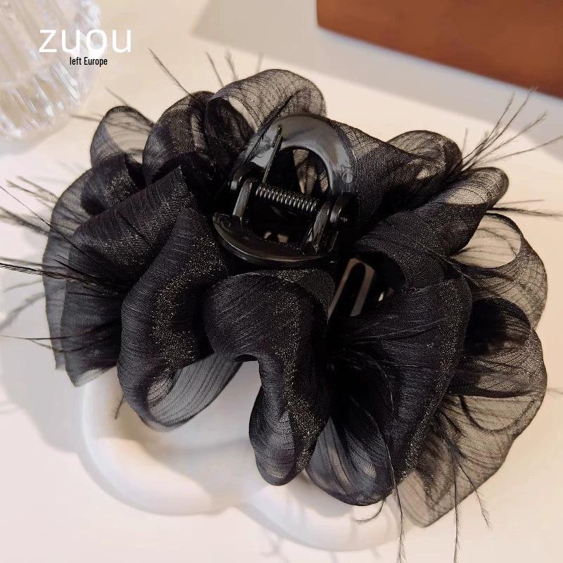 Large Summer Lace Edge Bow Claw Clip Hair Accessory for Women - Multi-Layer Feather Design