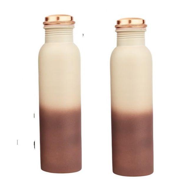 Pure Copper Water Bottle 950 ML - Jointless, Leakproof, Double Printed Design Best Gifts for Family and Friends| Cream & Brown - Set of 2