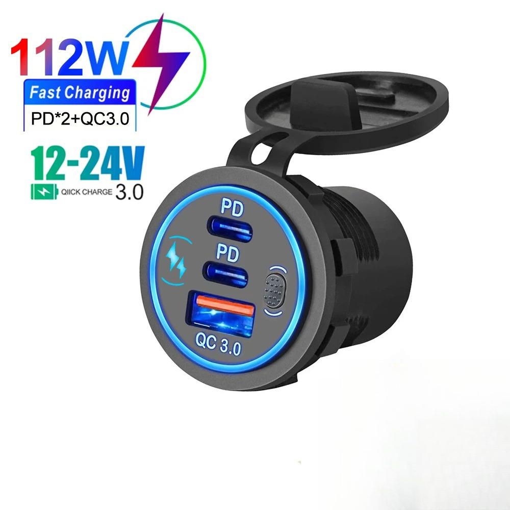 Автомобильное зарядное устройство QC3.0 с двумя USB-портами 12 В/24 В 60 Вт Быстрая зарядка Водонепроницаемое с сенсорным переключателем Порт USB C PD3.0 для автомобиля, грузовика, лодки, морского транспорта
