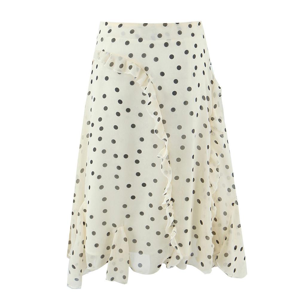 European Style Womens Polka Dot Ruffle Midi Skirt With Pockets For Daily Casual Wear