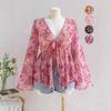 V-neck Printed Vacation-style Women's Flared Sleeve Loose and Flowing Top