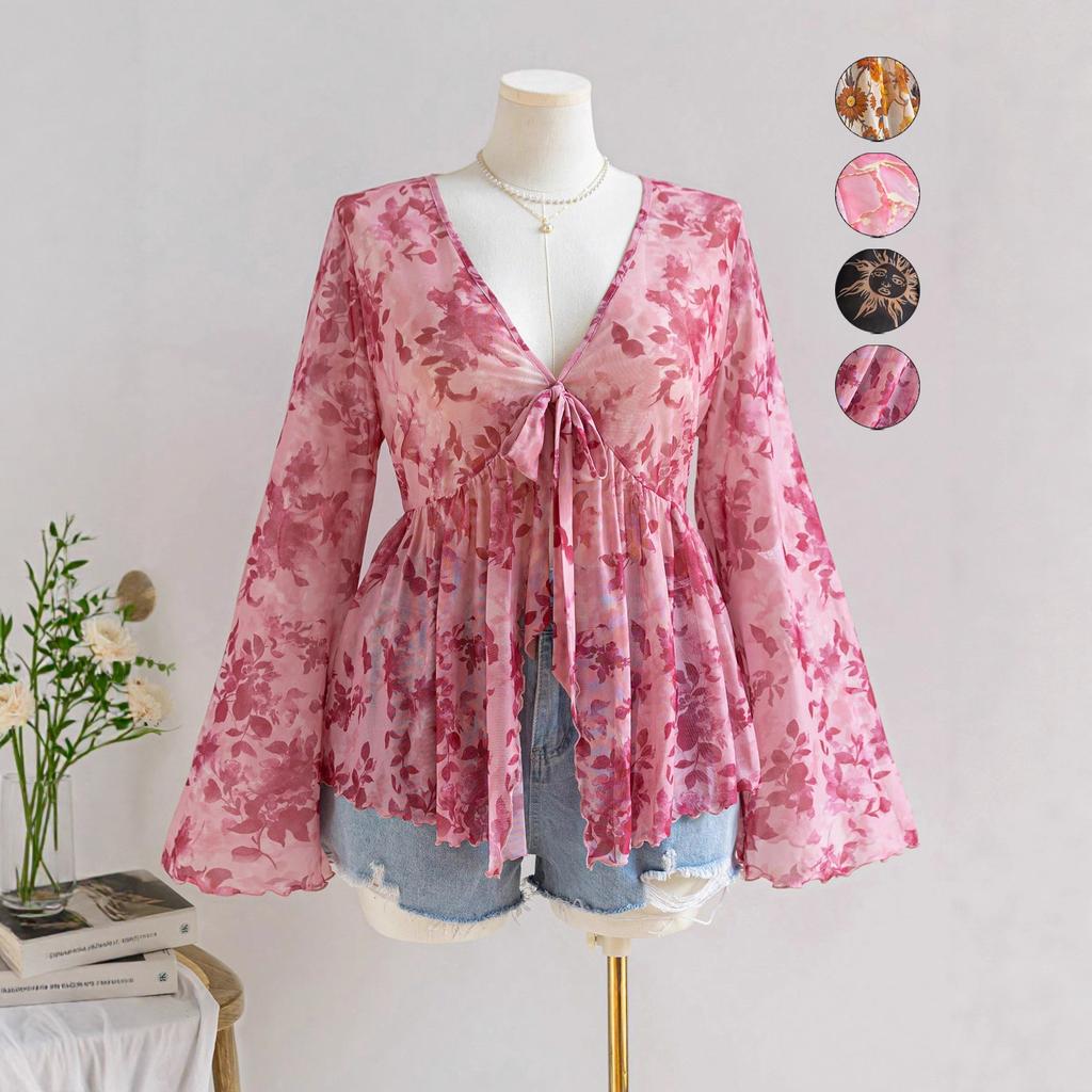 V-neck Printed Vacation-style Women's Flared Sleeve Loose and Flowing Top