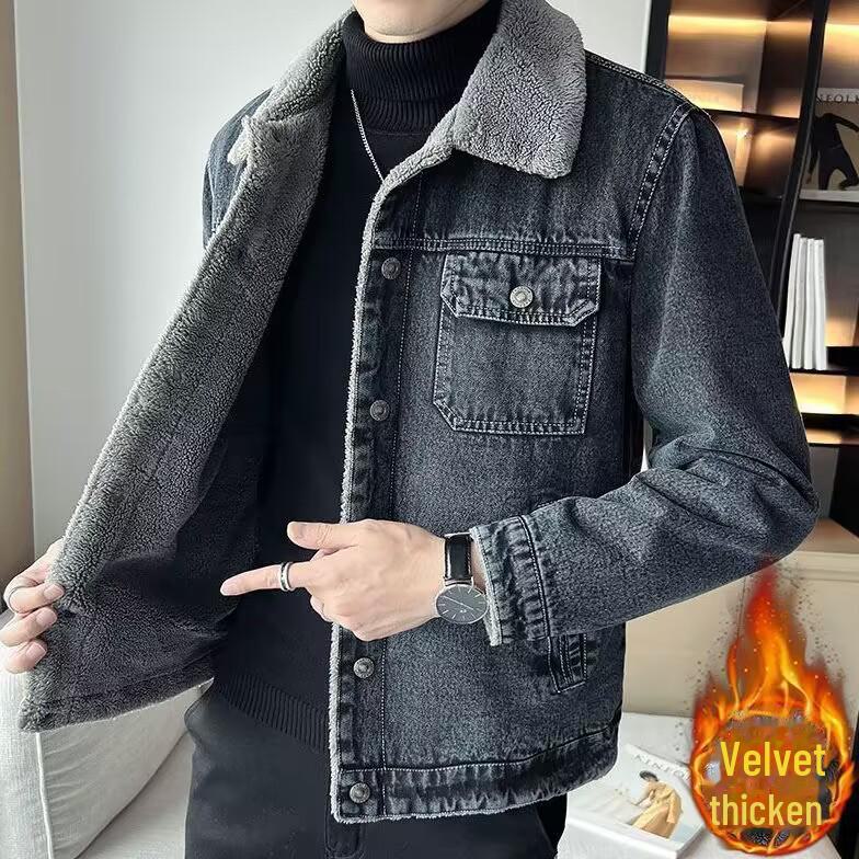 Мужская облегающая корейская джинсовая куртка 2024 года с бархатной подкладкой и лацканами – мягкий зимний стиль