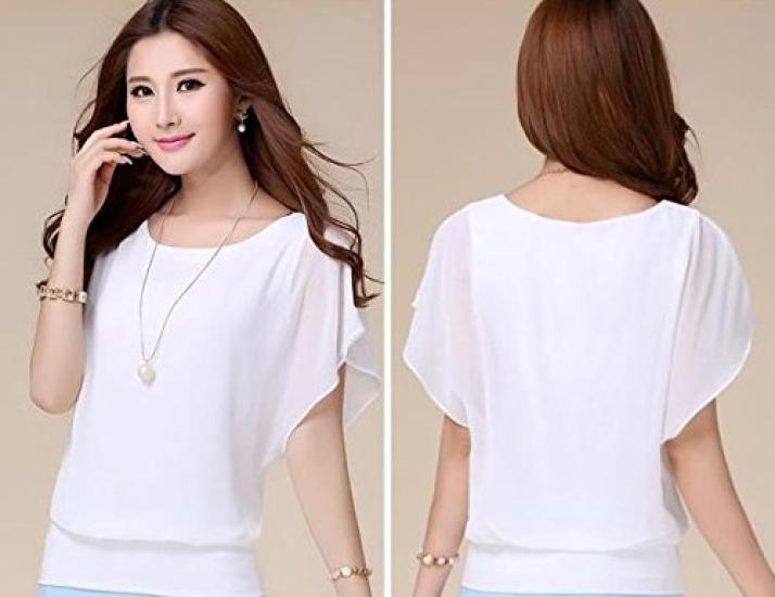 DauStage Шифоновая Блузка с Коротким Рукавом Клеш Плюс 5 XL Женская, Рубашка, Размеры, Цвета, Белый,