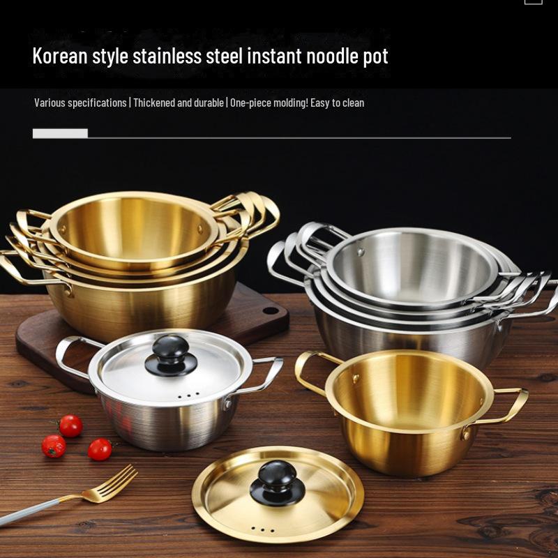 Золотистая корейская кастрюля для рамэна из нержавеющей стали с крышкой — двойные ушки, утолщенная, идеально подходит для лапши, супа или небольших горячих блюд.