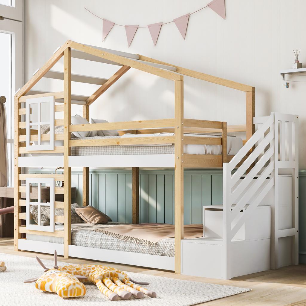 (=AB30604567W) Children's Treehouse 90 x 200 cm, Bunk Bed in Window, Storage and Fall Protection, Natural & White – 2x Slatted Base (Without Mattress)