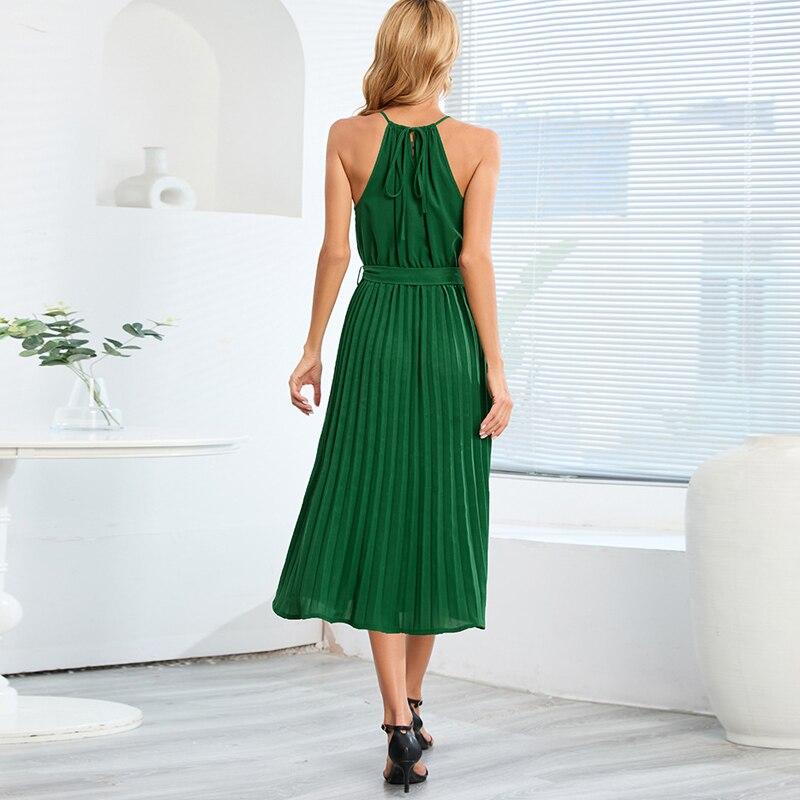 2023 сексуальное плиссированное длинное платье без рукавов для офиса, свободное однотонное платье-комбинация с U-образным вырезом для женщин, летнее модное женское платье 25263