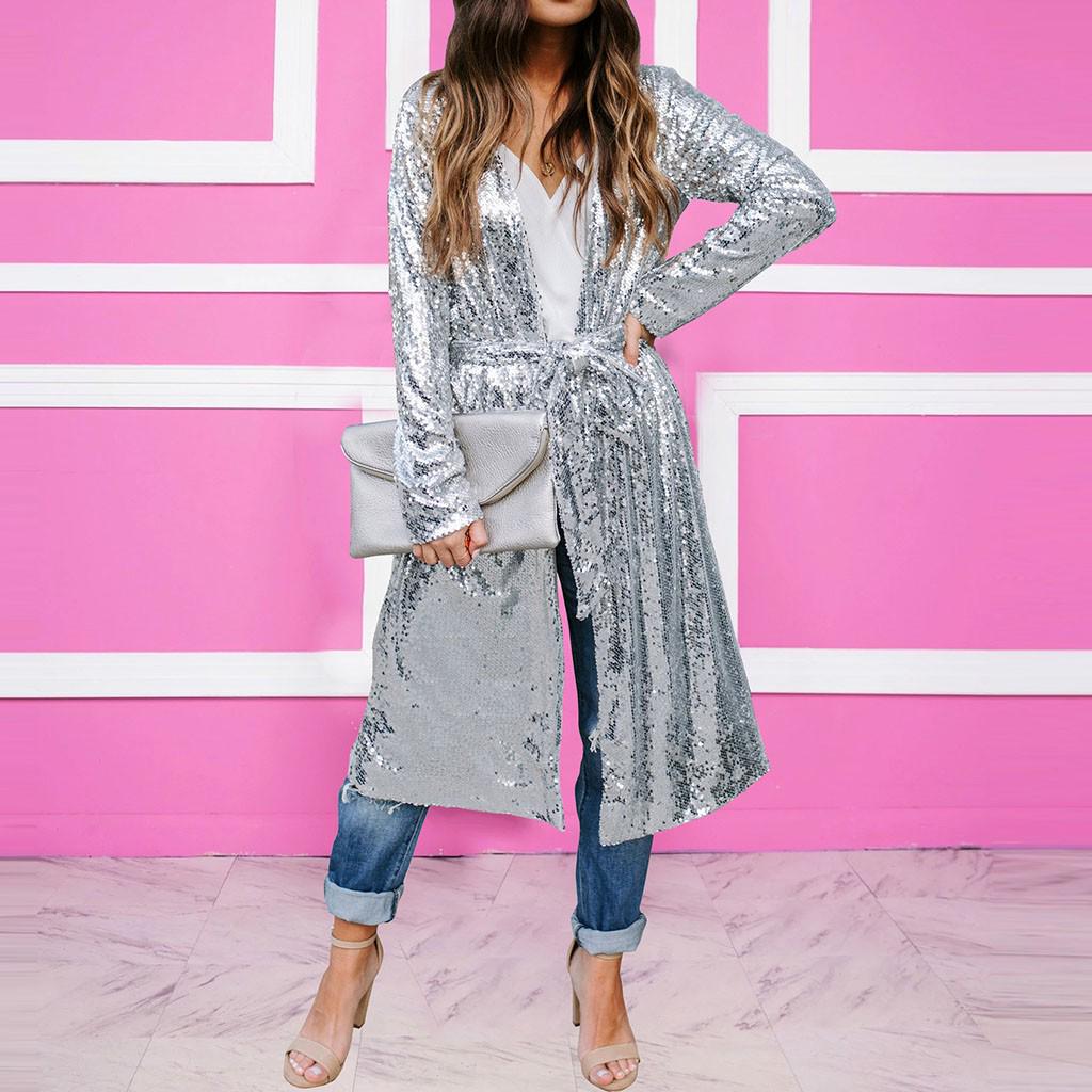 Women's Fashion Casual Sequins Long Button Belt Coat Cardigan