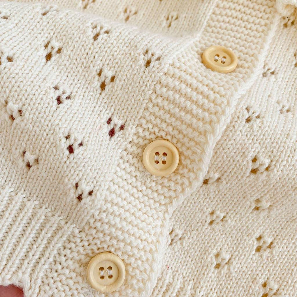 2024 Autumn/Winter Baby Girl Knitted Cotton Cardigan with Lotus Collar, 0-3 Years, Long Sleeve, Hollow Design.