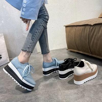 Большие размеры платформы Zapatos Para Mujeres 2024 осень шнуровка увеличивающие рост туфли британский стиль черные танкетки кожаные туфли