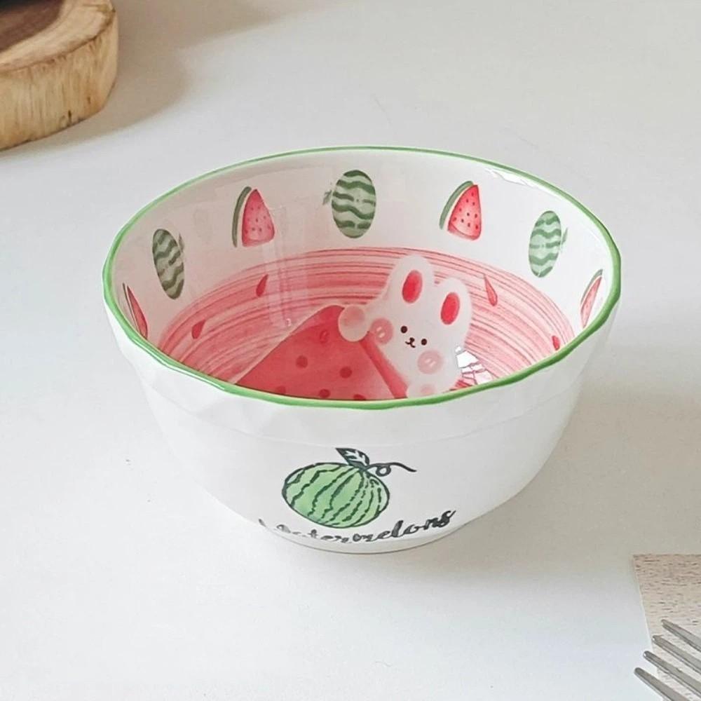 Керамическая миска с рисунком "Кролик и клубника", цветная подглазурная роспись, миска для супа, милая миска для фруктового салата, посуда
