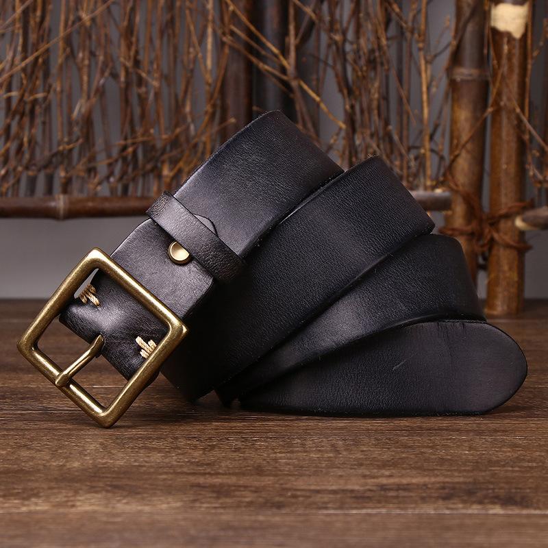 New Retro Fashion Personality Trend Old Pure Cowhide Belt Men'S Genuine Leather Copper Buckle Korean Version Casual Denim Belt