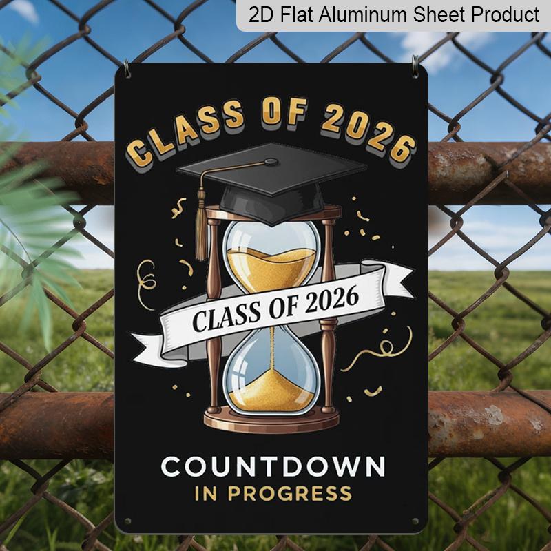 2D Flat, 1pc "Class of 2026 Countdown in Progress" Aluminium Sign - 8"x12" Gold & Black Graduation Decor, Hourglass & Grad Cap Wall Art, Perfect for