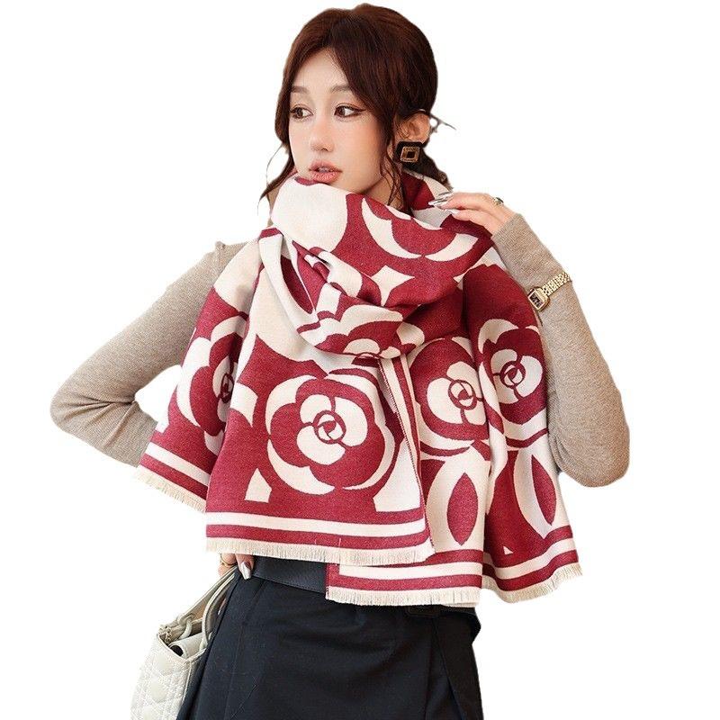 New Rose Flower Imitation Cashmere Scarf for Women In Autumn and Winter Versatile Fashionable and Stylish Thickened Warm Scarf Shawl Outer Wear