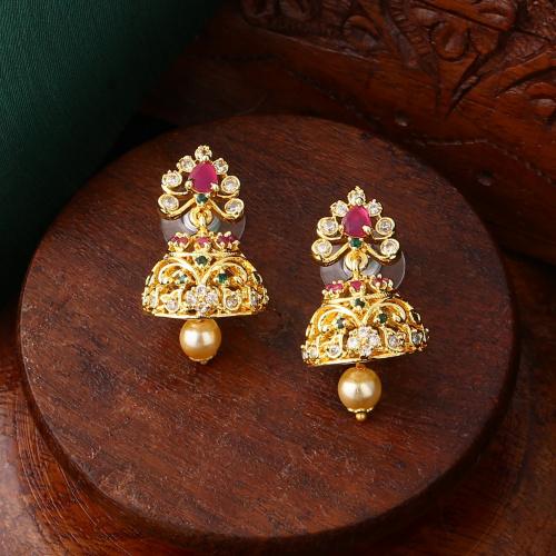 Gorgeous Women's Jhumki Earrings with Estele Gold Plated Zirconia and Pearls
