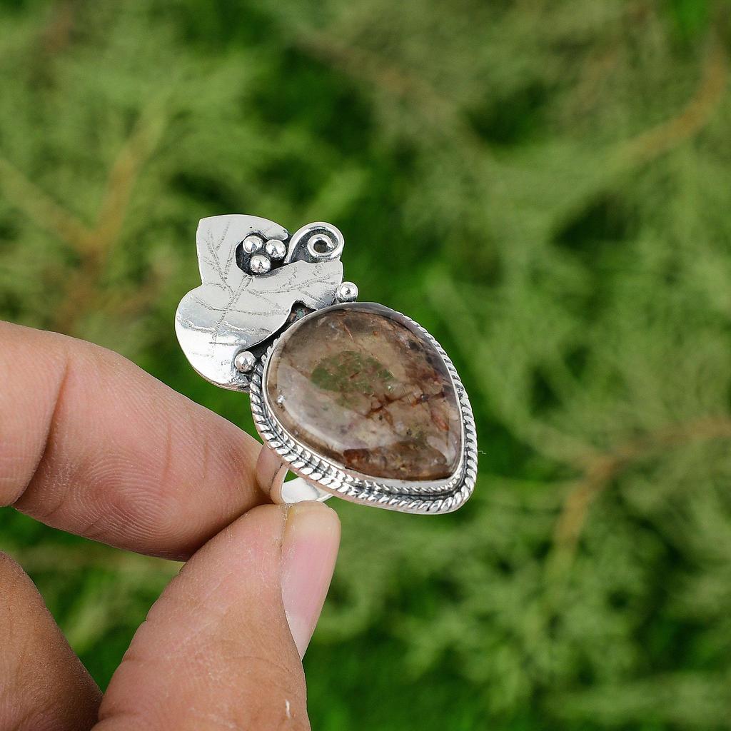 Natural Elestial Quartz Gemstone 925 Silver Solitaire Ring Size 9 For Women