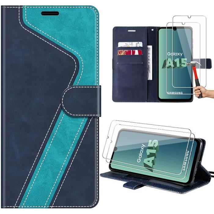 Case - Booling - for Samsung Galaxy A15 5G - Blue - PU Leather - Shockproof Protection - with 2 Tempered Glasses