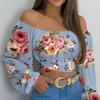Flower Print Cross Strap Exposed Navel Women Blouse Off Shoulder Lantern Long Sleeve Pullover Top Club Wear