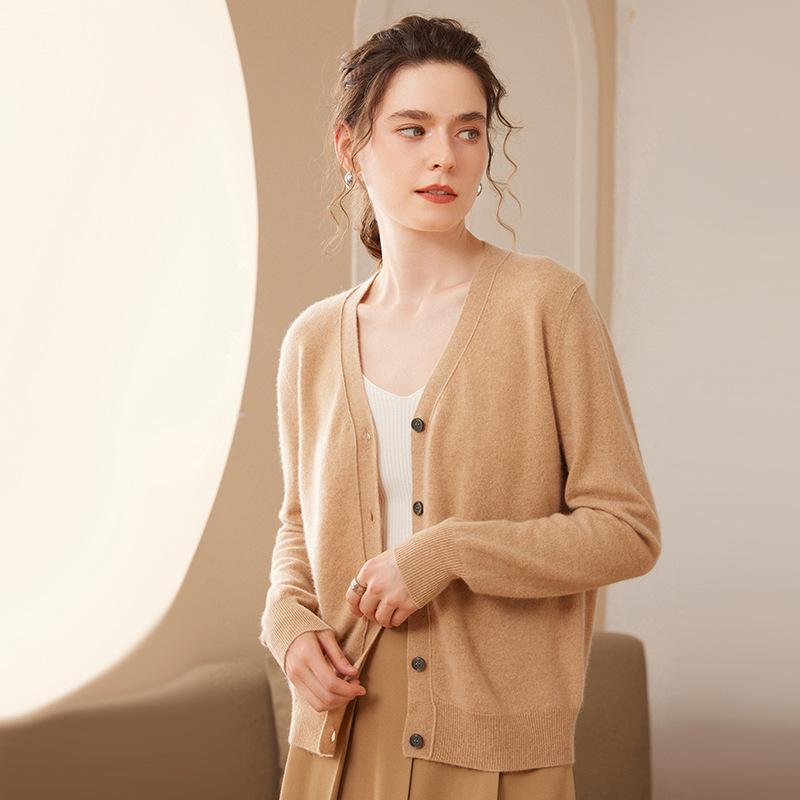 Autumn/Winter Cashmere Knit V-Neck Cardigan – Women's Long Sleeve, Loose Fit, Single-Breasted Top