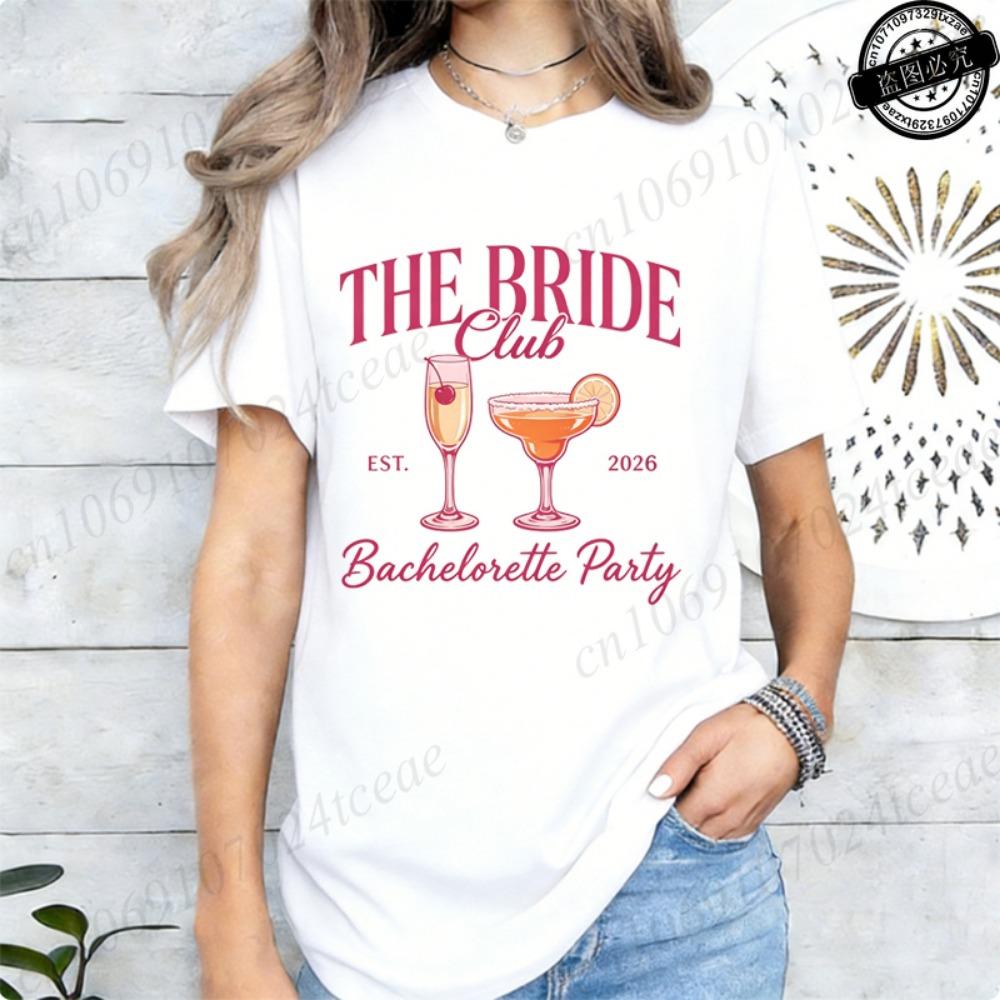 Women's "The Bride Club" Graphic Tee White Black with Pink Lettering Wine Glass Design T-Shirts Perfect for Summer Wedding Gifts