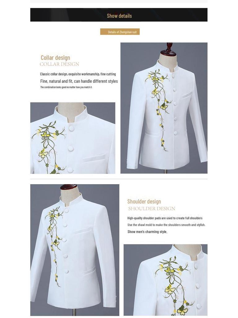 New Men's Gold Embroidered Zhongshan Suit - Stand Collar Performance & Wedding Outfit