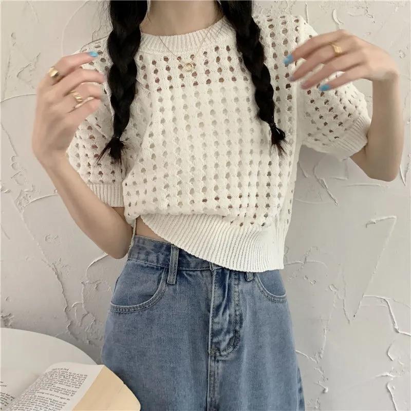 WTEMPO Женский летний ажурный короткий вязаный пуловер с коротким рукавом, тонкий халат, однотонные повседневные топы с круглым вырезом, трикотаж