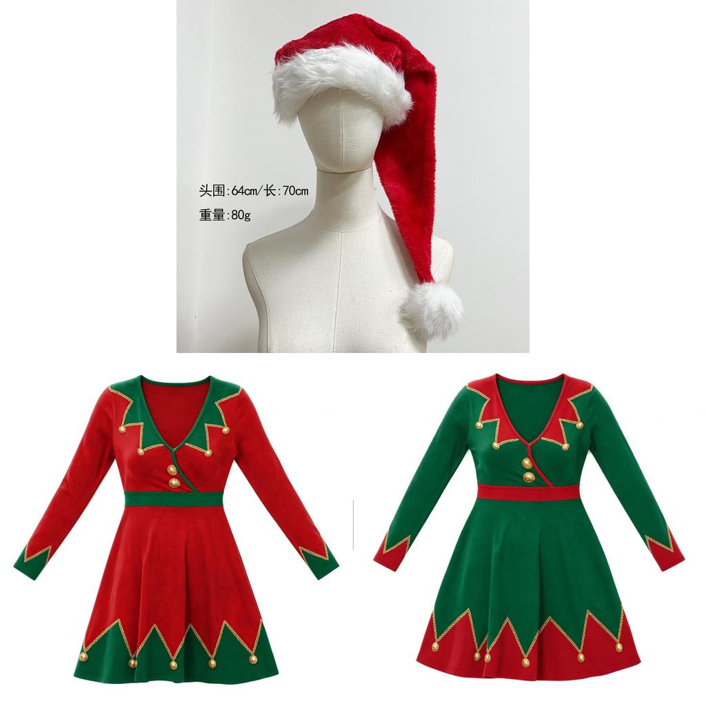 Christmas Elf Girl Costume Dress With Long Sleeves For Holiday Party Performances