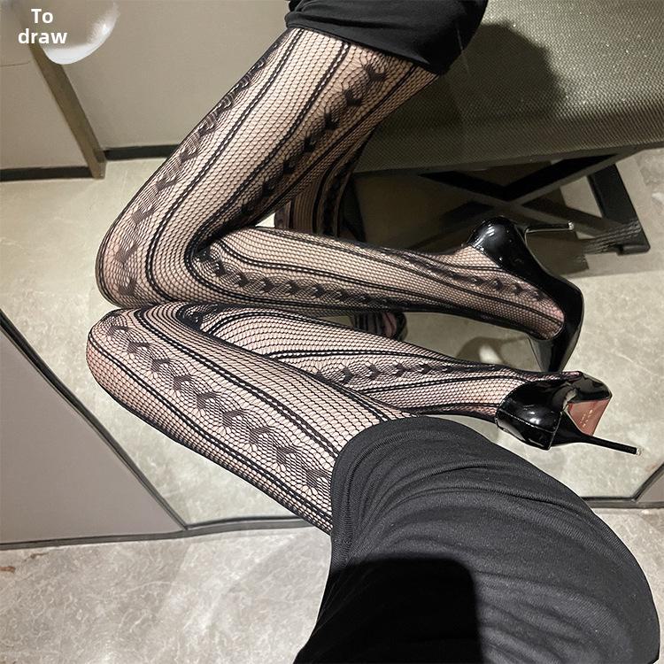 Women's Sheer Fishnet Stockings - Polka Dot & Heart Pattern, Sexy Black & White Options, Large Sizes Available for Spring & Autumn